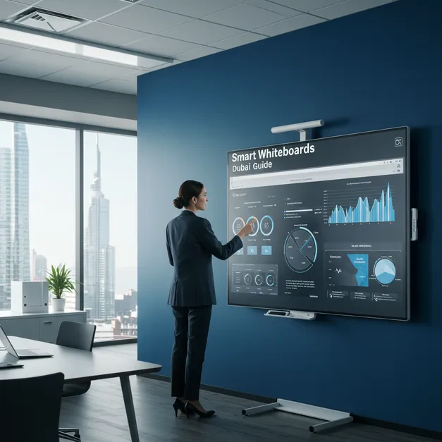 A person interacting with a smart whiteboard displaying data and graphs in a modern office environment.