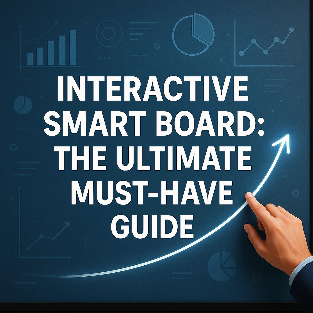 Hand pointing at an upward trending graph on a digital display with text about interactive smart boards.