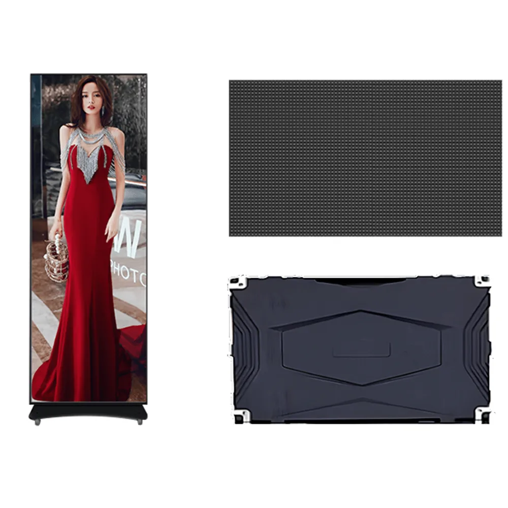 Digital display stand featuring a fashion model in a red dress on one side and a blank screen on the other.