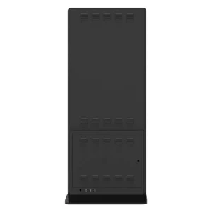 Black digital kiosk stand with a flat surface and ventilation holes on the back.
