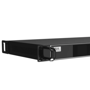 Black rackmount server chassis with a front display and handles for installation.