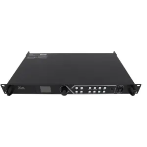 Black X2M video switcher with control buttons and display screen on the front panel.