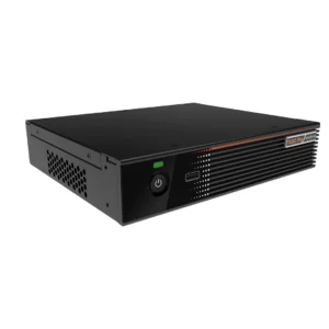 Black compact desktop computer with a power button and USB port on the front panel.