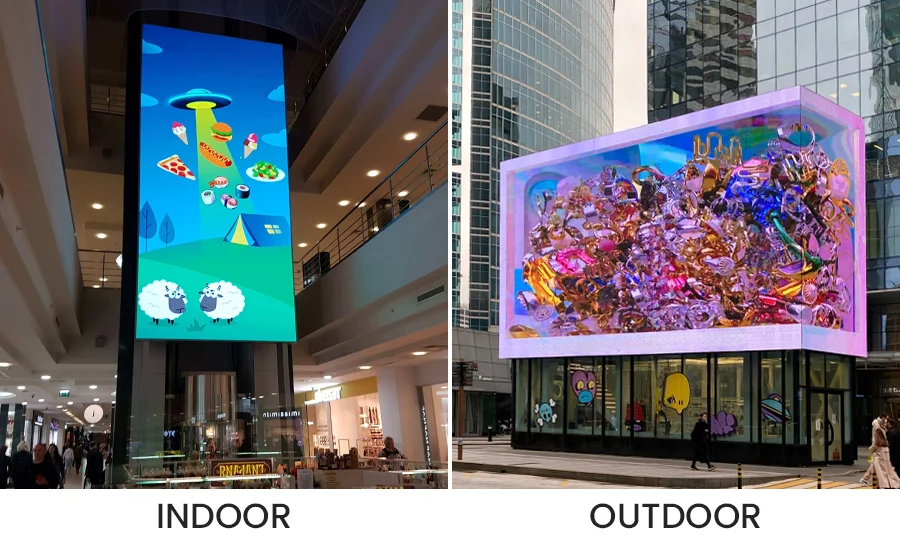 Side-by-side comparison of a vertical indoor LED display in a mall and a large 3D outdoor LED screen on a building