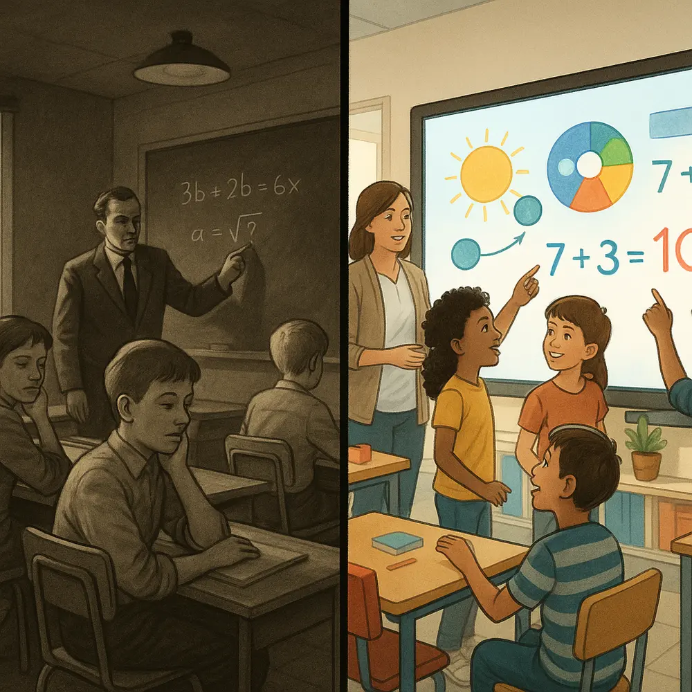 Split image contrasting a traditional dim classroom with a chalkboard and a modern bright classroom with students using an interactive SMART Board.