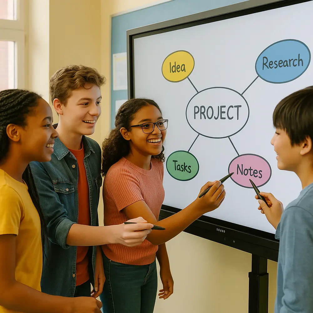 Diverse middle school students collaborating on a project using a SMART Board in a bright classroom.