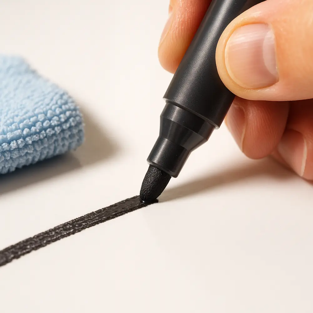 Close-up, slightly angled shot of a hand carefully tracing over a stubborn permanent marker line on a whiteboard with a dark dry-erase marker. Show the permanent ink partially covered by the fresh dry-erase ink, with a clean microfiber cloth ready nearby. Focus on the interaction of the two inks. Style: macro, detailed, educational, bright lighting, shallow depth of field.