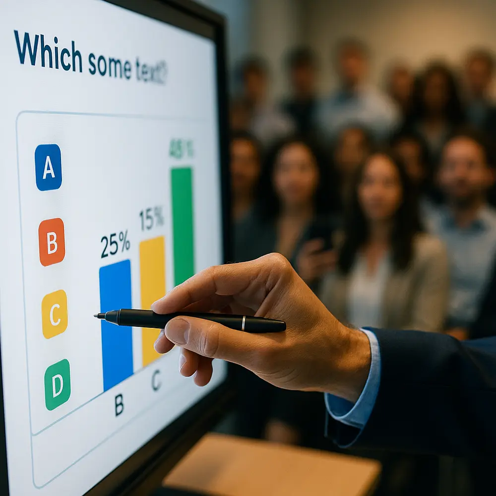 Close-up of a presenter's hand using a stylus on a smart board displaying a live poll, with an engaged audience.