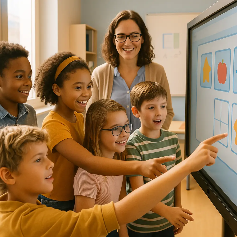 A brightly lit, modern classroom scene with diverse students excitedly gathered around a large interactive smart board, one student interacting with an educational game, teacher smiling in background.