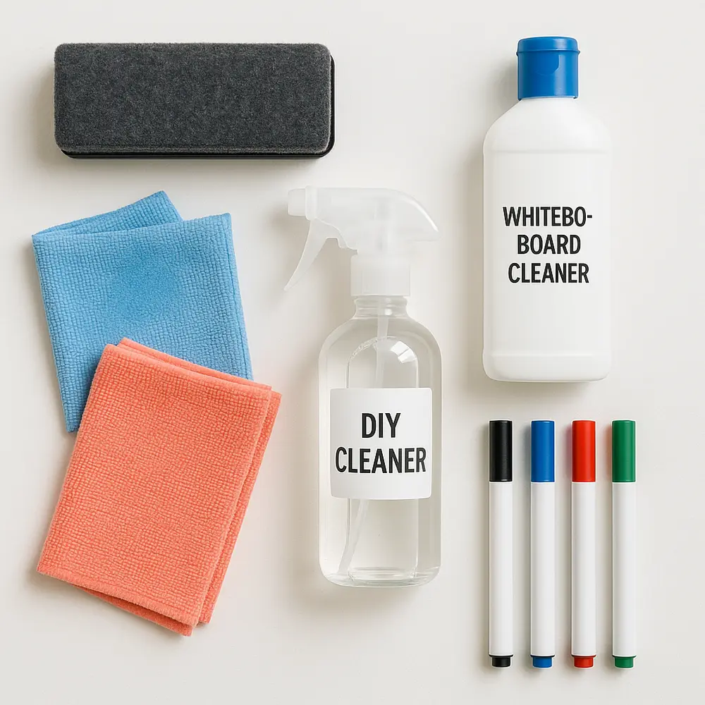 A neatly organized flat lay of essential whiteboard cleaning tools on a clean, light-colored surface. Include: a quality felt eraser, a couple of colorful microfiber cloths (one slightly damp), a spray bottle with clear liquid (labeled 'DIY Cleaner'), a bottle of commercial whiteboard cleaner, and a few dry-erase markers with caps on. Style: bright, clean, minimalist, top-down view, slightly desaturated background to make tools pop.