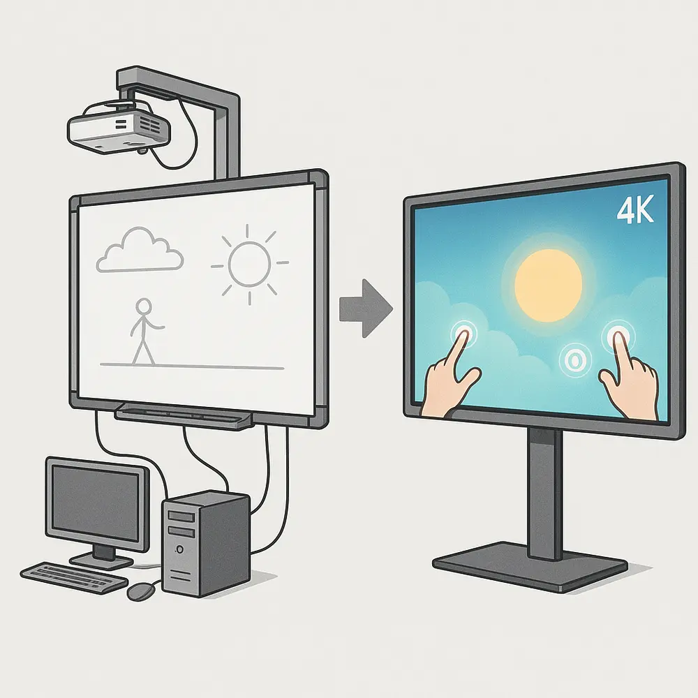 Timeline illustration showing progression from older projector-based interactive whiteboard to modern, slim IFPD with vibrant display and multi-touch.
