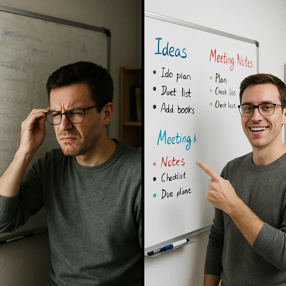 Split-screen image. Left side: a frustrated person squinting at a heavily stained and ghosted whiteboard, covered in illegible notes, dim lighting, cluttered environment. Right side: the same person, now smiling and confident, pointing to a sparkling clean, pristine whiteboard with clear, vibrant writing, bright, organized setting. Style: photorealistic, clear contrast, motivational, high-resolution.