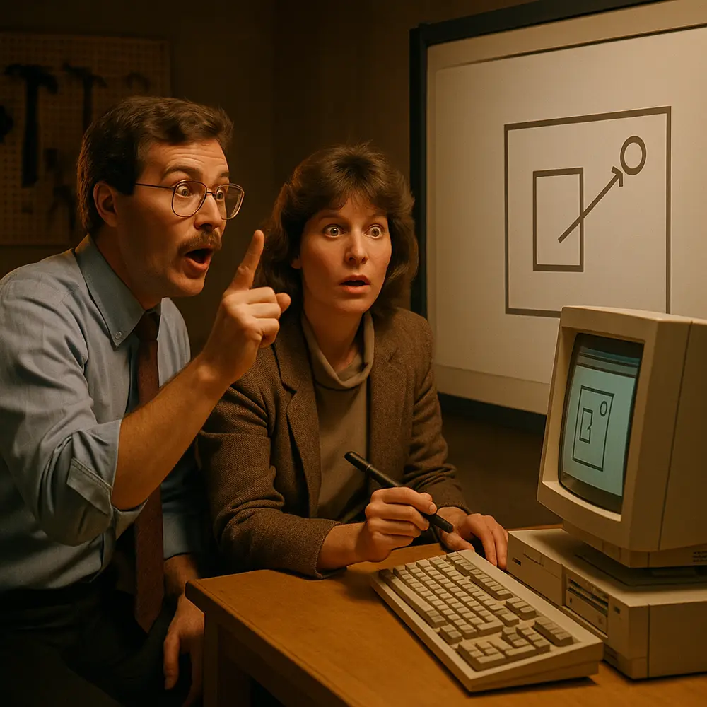 David Martin and Nancy Knowlton in a late 1980s workshop with an early SMART Board prototype displaying a simple graphic.