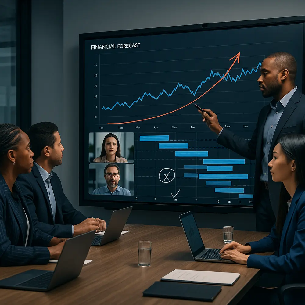 Sleek meeting room with diverse business professionals, some in-person and some on video conference, collaboratively editing a project timeline on an IFPD.