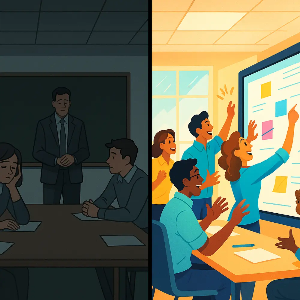 A dynamic split-screen visual. Left side: a dimly lit, traditional classroom or boardroom with passive attendees. Right side: the same space, now vibrant and illuminated by a large interactive smart board at the center, with diverse individuals actively collaborating.