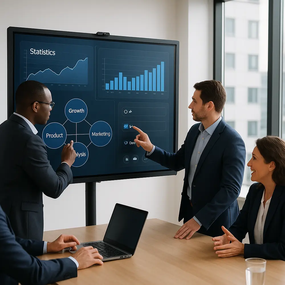 Professionals actively collaborating on an interactive smart board displaying charts and a mind map.