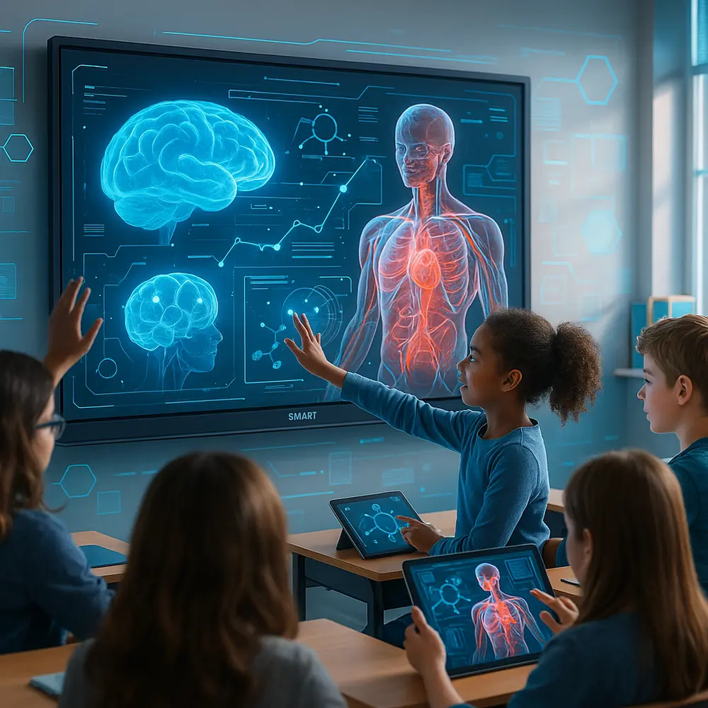 Futuristic classroom with students engaging with AI and AR content, like 3D models, on a modern SMART Board.