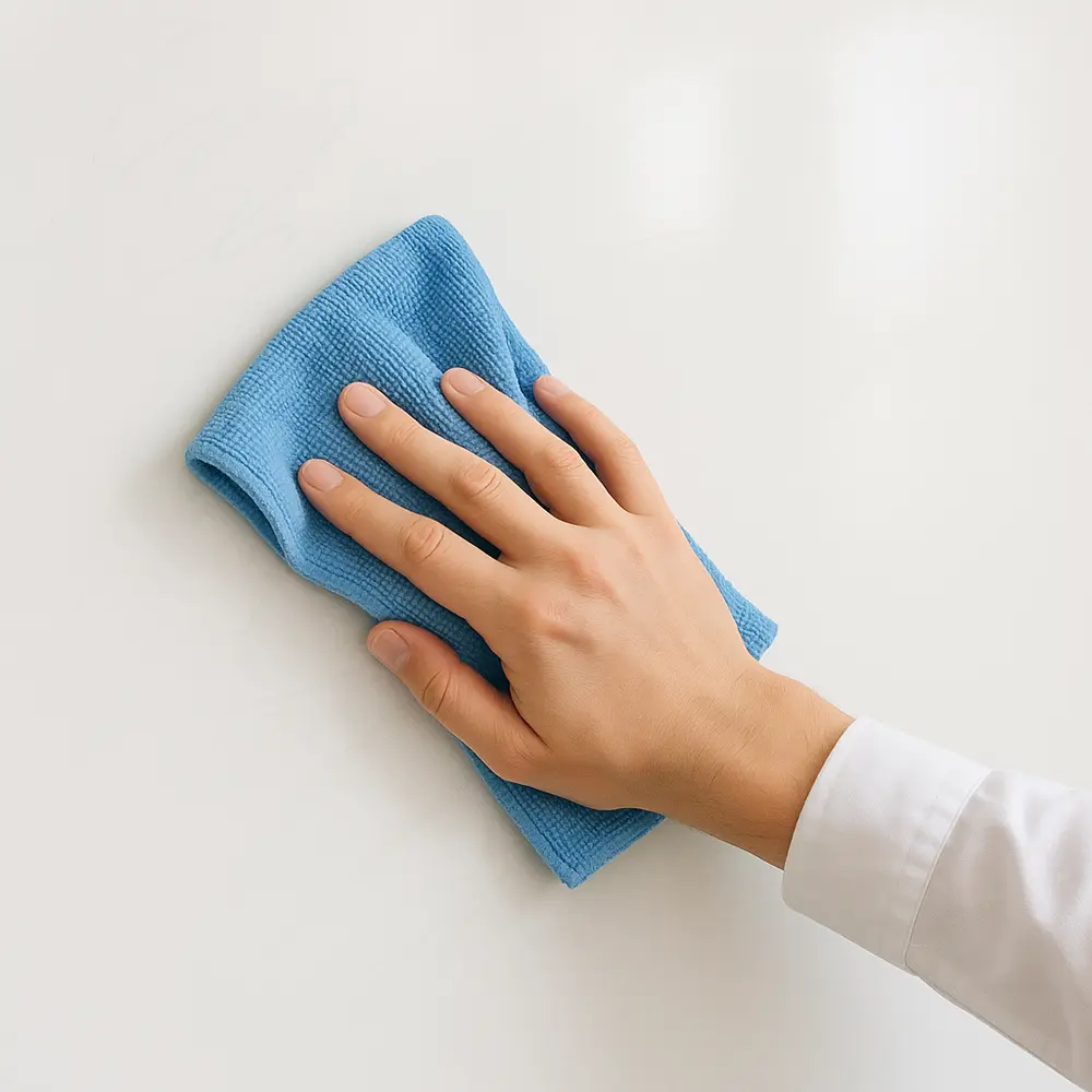 A person's hand, holding a clean microfiber cloth, wiping a whiteboard in a smooth, overlapping S-motion, leaving a perfectly clean, streak-free surface behind. The board should show some faint, easily erasable dry-erase marks being wiped away. Emphasize the clean result. Style: action shot, bright, clean aesthetic, slightly angled to show the reflection and cleanliness, positive mood.