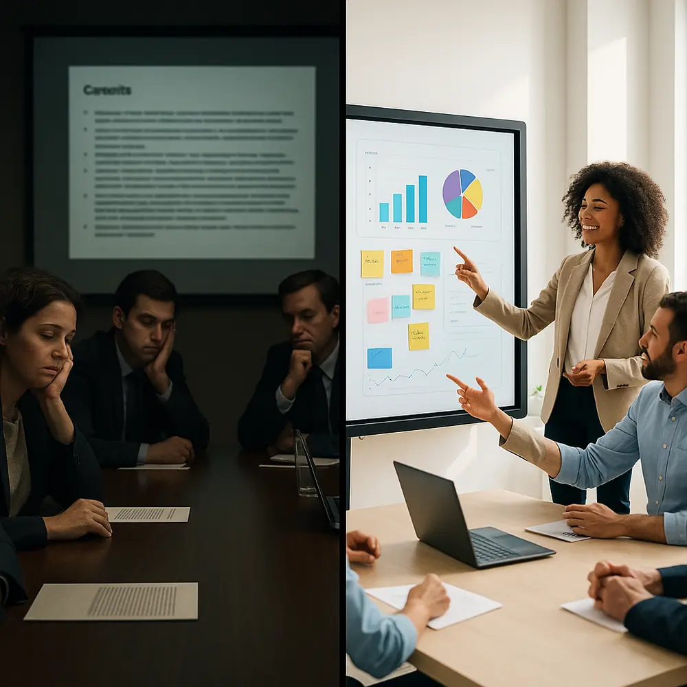 Split-screen: traditional disengaged meeting vs. modern interactive smart board collaboration for transforming corporate communication.