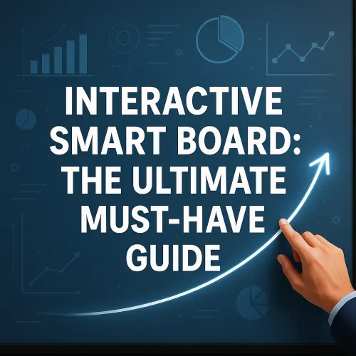Hand pointing at an upward trending graph on a digital display with text about interactive smart boards.