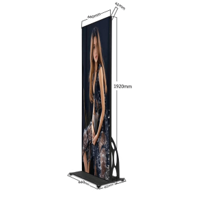 Vertical display stand featuring an image of a seated model in a stylish outfit.