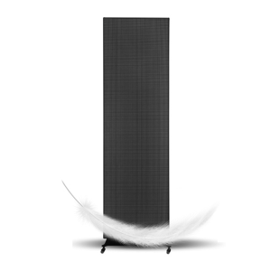 Black portable display stand with a textured surface on wheels for easy mobility.