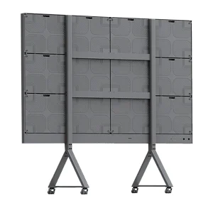Modular display screen mounted on a rolling stand with a gray back panel.