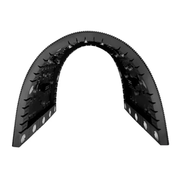 Black arch-shaped object featuring a textured surface with multiple holes along the edges.