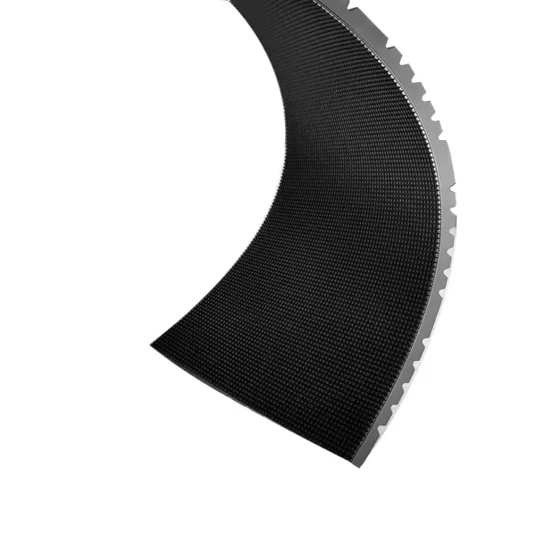 Curved black sanding belt with a textured surface and metal edge for woodworking or metalworking.