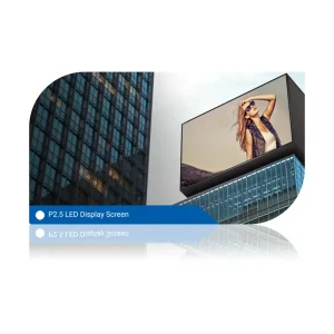 P2.5 LED display screen mounted on a building featuring a model in sunglasses.