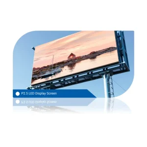 P2.5 LED display screen mounted on a blue structure showing a sunset over water.