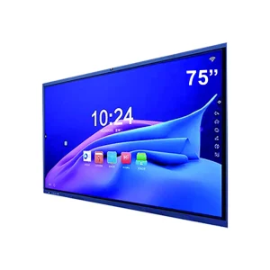 75-inch interactive display screen with a blue background and digital interface.