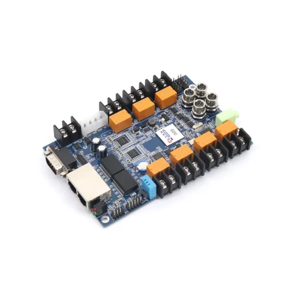 Electronic circuit board featuring various connectors and components, including capacitors and ports.