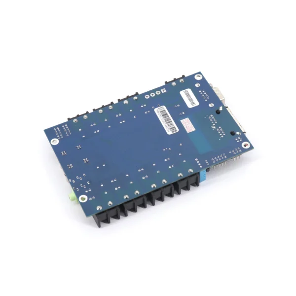 Blue electronic circuit board with multiple connectors and components on a white background.