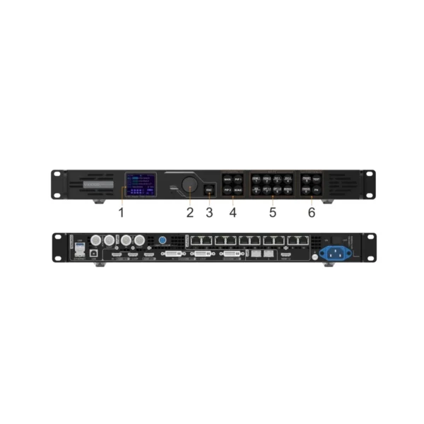 Front and back view of an audio equipment rack mount interface with various input and output ports.