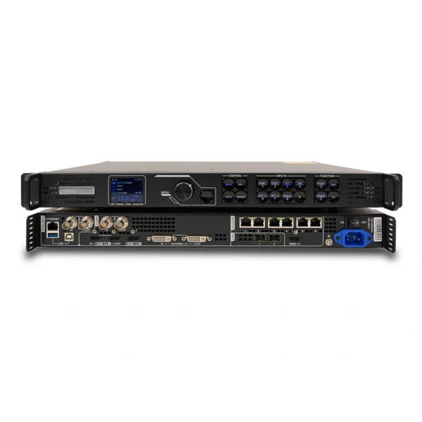 Back view of a network server featuring various ports, controls, and a display panel.