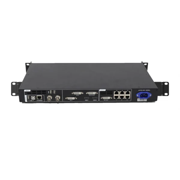 Back view of a rack-mountable video processing unit with various input and output ports.