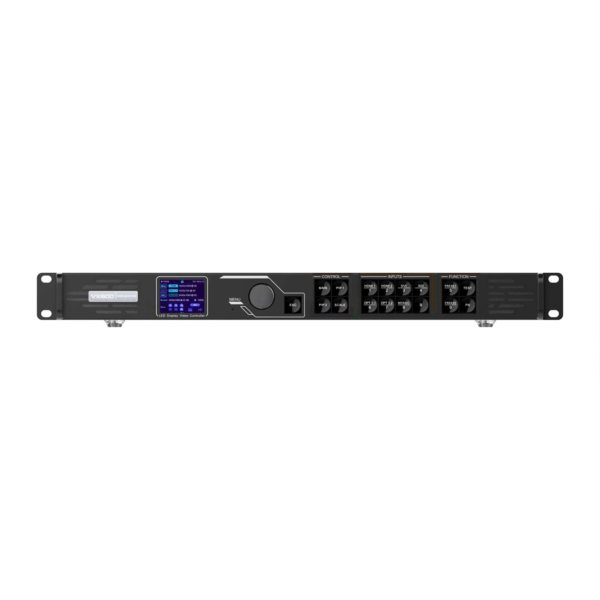 Digital audio processor featuring various input and output ports and a digital display.