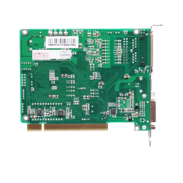Green circuit board featuring various electronic components and connectors.