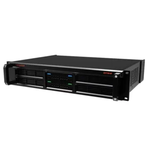 Black rackmount server featuring multiple drive bays and a control panel with LED indicators.