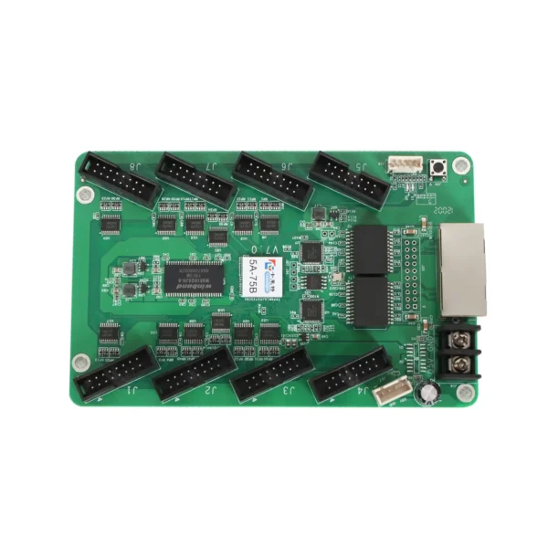Green circuit board featuring various connectors and electronic components.
