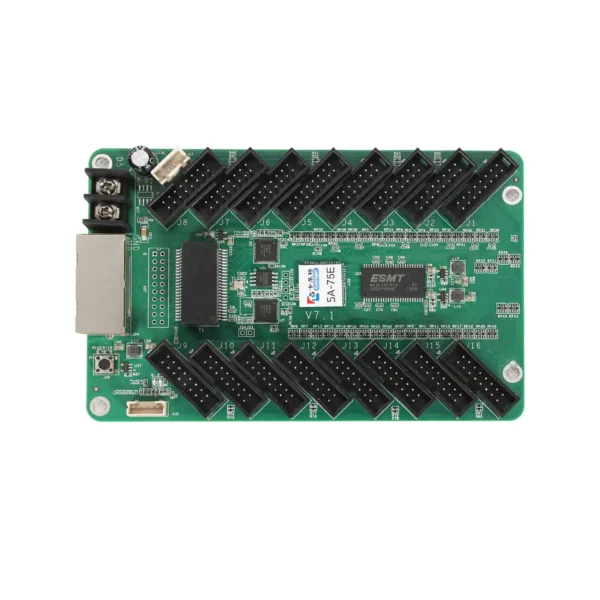 Green circuit board featuring multiple connectors and a central processing unit.