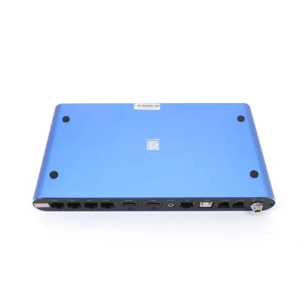 Back view of a blue electronic device featuring various input and output ports.