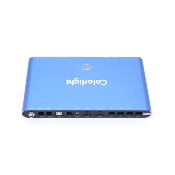 Blue Colorlight LED controller with multiple input and output ports on the back.