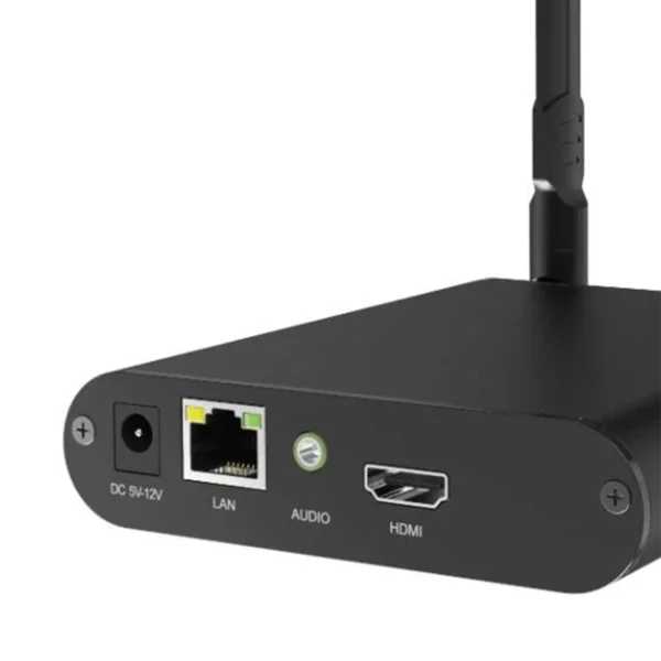 Black multimedia streaming device with ports for power, LAN, audio, and HDMI connections.