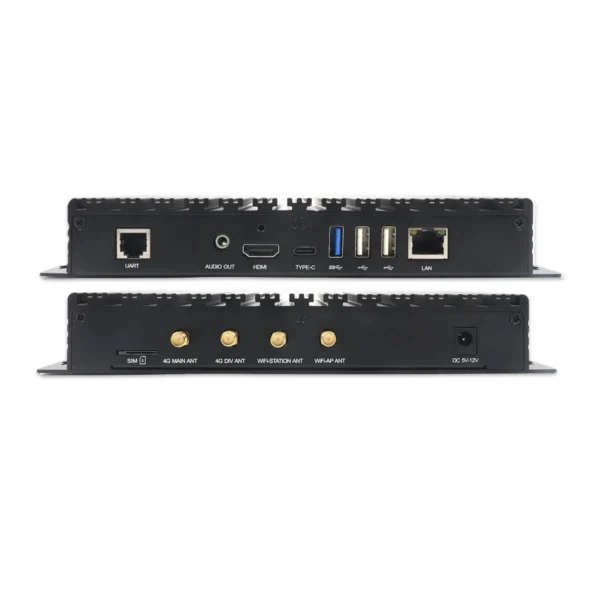 Dual-sided connectivity device featuring various ports including HDMI, USB, and Ethernet.