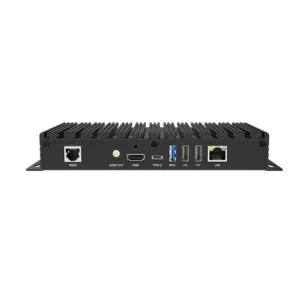 Back view of an industrial mini PC featuring various ports including HDMI, USB, and Ethernet.