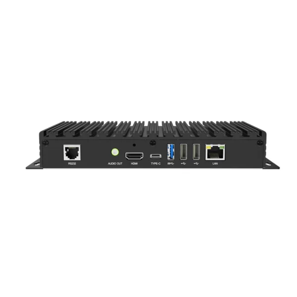 Back view of an industrial mini PC featuring various ports including HDMI, USB, and Ethernet.