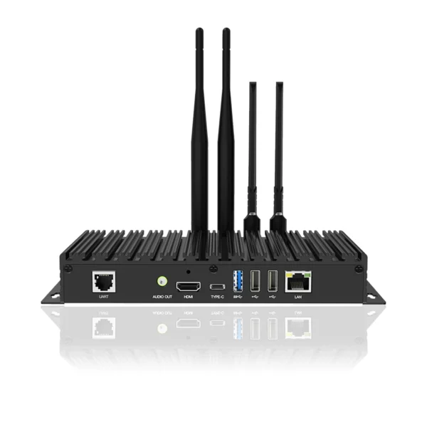 Back view of an industrial network device featuring various ports and antennas.