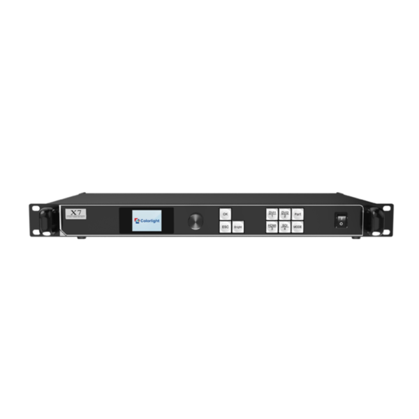 X7 video processor with a display screen and control buttons on the front panel.